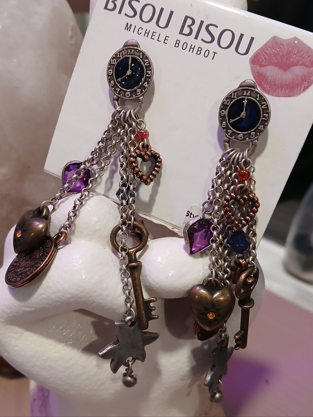 Bisou Bisou Purple & Copper Charm Dangle Earrings [Coin, Lock, Flower, Heart+]